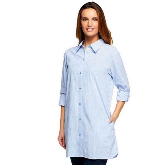 Denim & Co Women 2X Button Front Long Top Blue White Stripe Roll Tab Sleeve NWT - Picture 1 of 4
